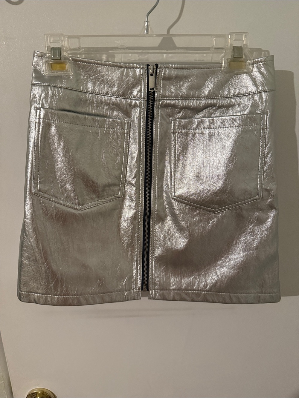 love, Fire Silver Metallic Front-Zip Mini Skirt
